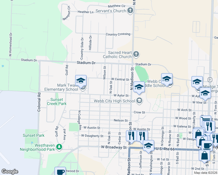 map of restaurants, bars, coffee shops, grocery stores, and more near 728 North Oak Street in Webb City