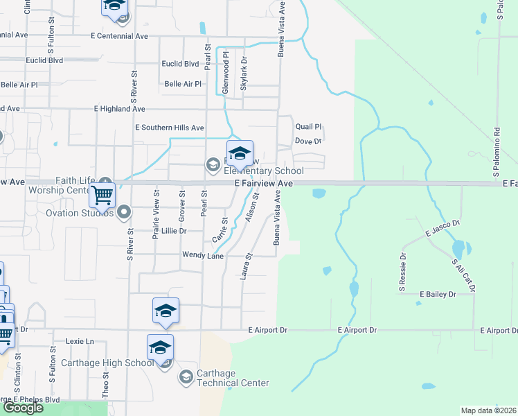 map of restaurants, bars, coffee shops, grocery stores, and more near 2032 Alison Street in Carthage