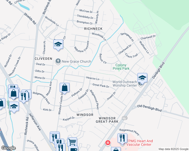 map of restaurants, bars, coffee shops, grocery stores, and more near 5 Lodge Court in Newport News