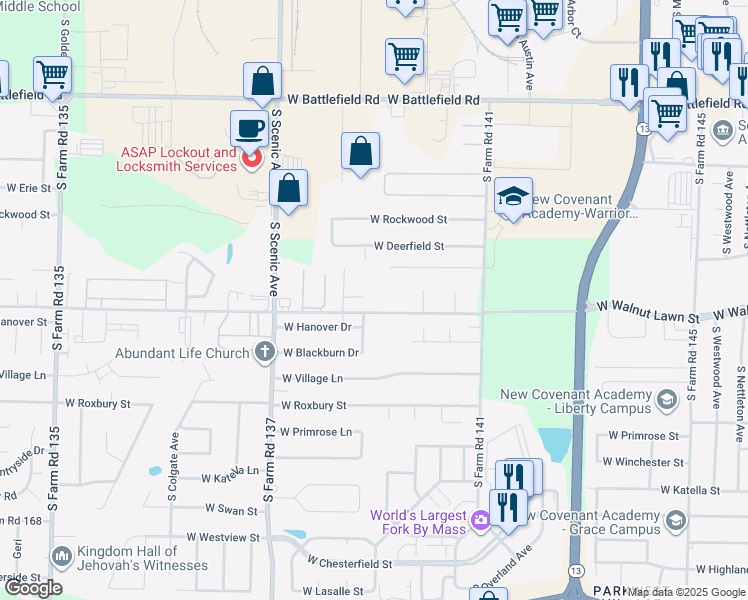 map of restaurants, bars, coffee shops, grocery stores, and more near 2524b West Zack Lane in Springfield