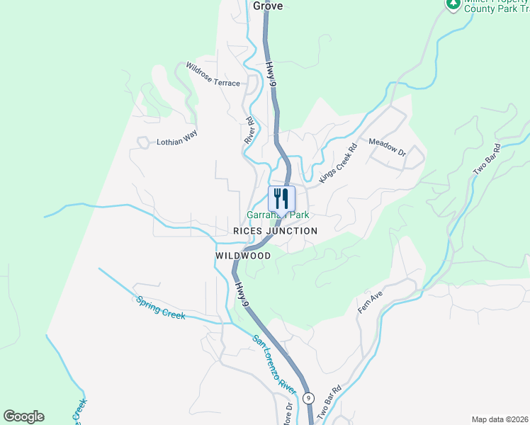 map of restaurants, bars, coffee shops, grocery stores, and more near 190 Sequoia Road in Boulder Creek