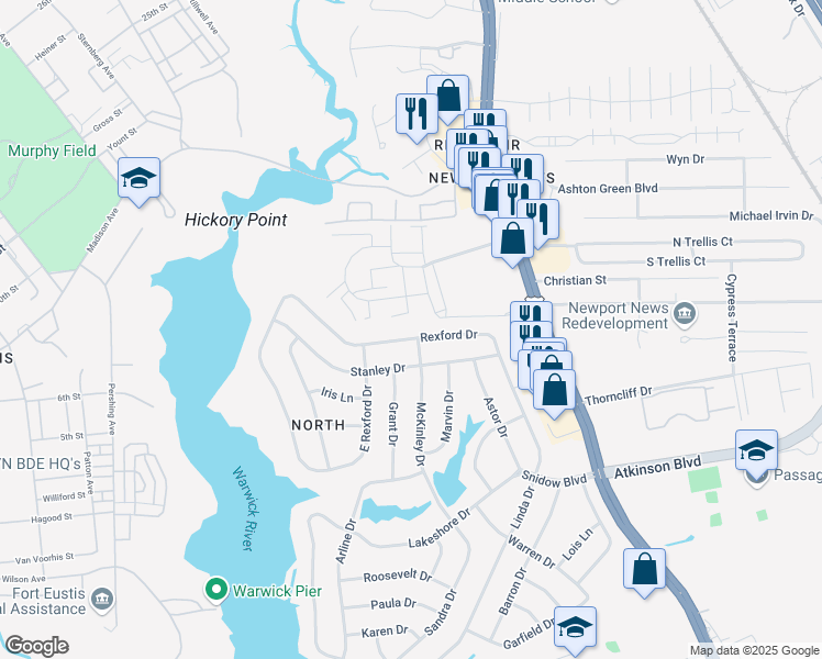 map of restaurants, bars, coffee shops, grocery stores, and more near 66 Rexford Dr in Newport News