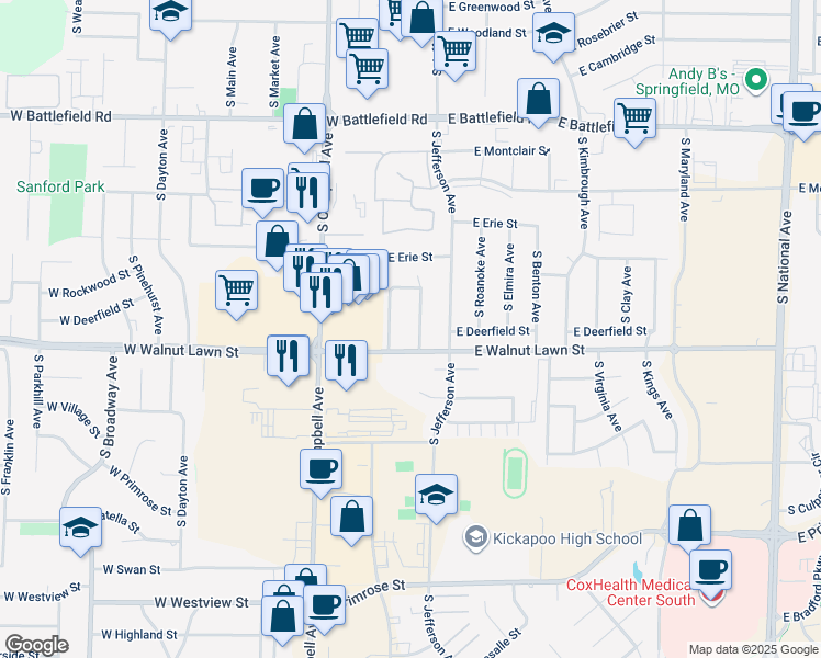 map of restaurants, bars, coffee shops, grocery stores, and more near 3348 South Avenue in Springfield