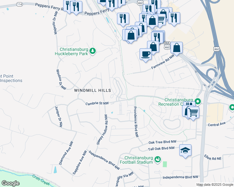 map of restaurants, bars, coffee shops, grocery stores, and more near 60 Phoenix Boulevard Northwest in Christiansburg