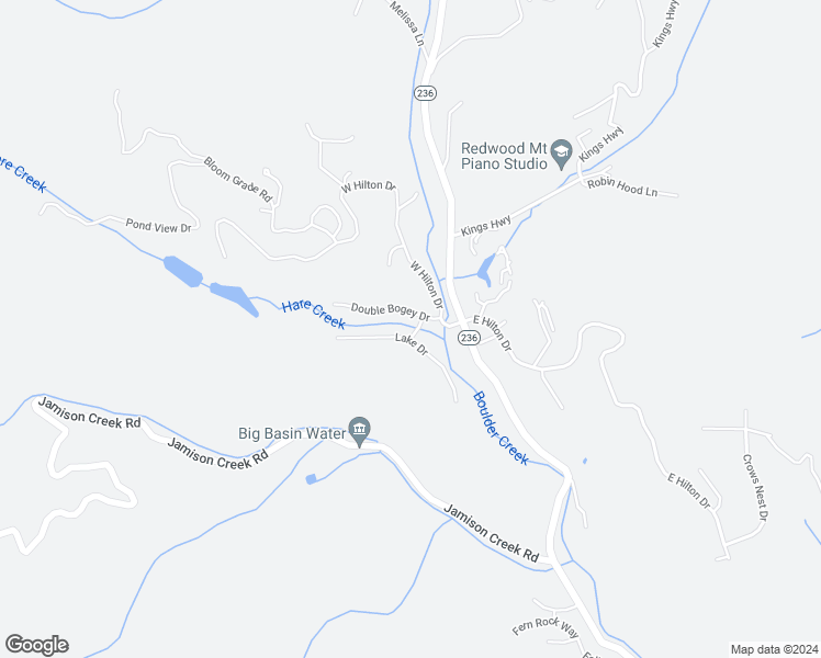 map of restaurants, bars, coffee shops, grocery stores, and more near 220 Lake Drive in Boulder Creek