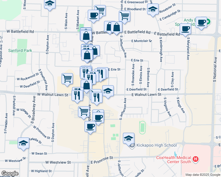 map of restaurants, bars, coffee shops, grocery stores, and more near 3348 South Avenue in Springfield