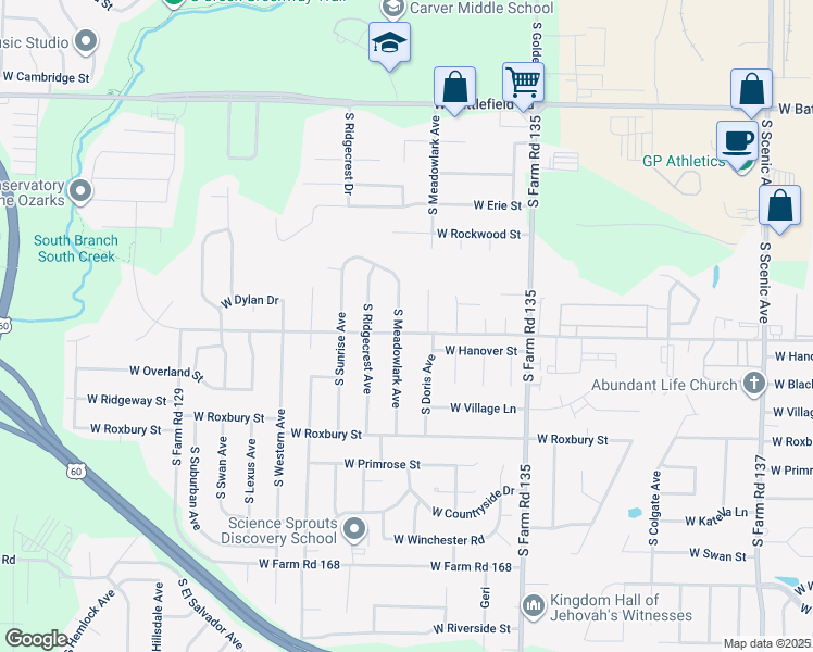 map of restaurants, bars, coffee shops, grocery stores, and more near 3392 South Meadowlark Avenue in Springfield