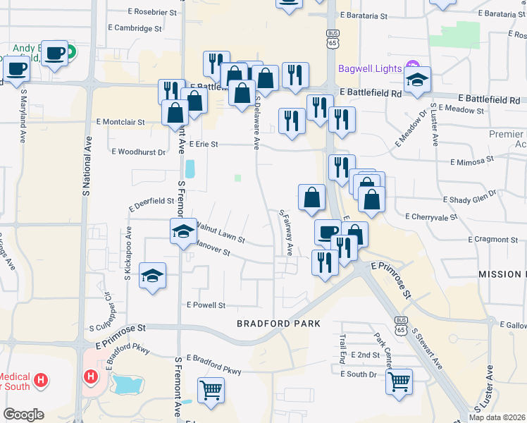 map of restaurants, bars, coffee shops, grocery stores, and more near 3315 South Delaware Avenue in Springfield