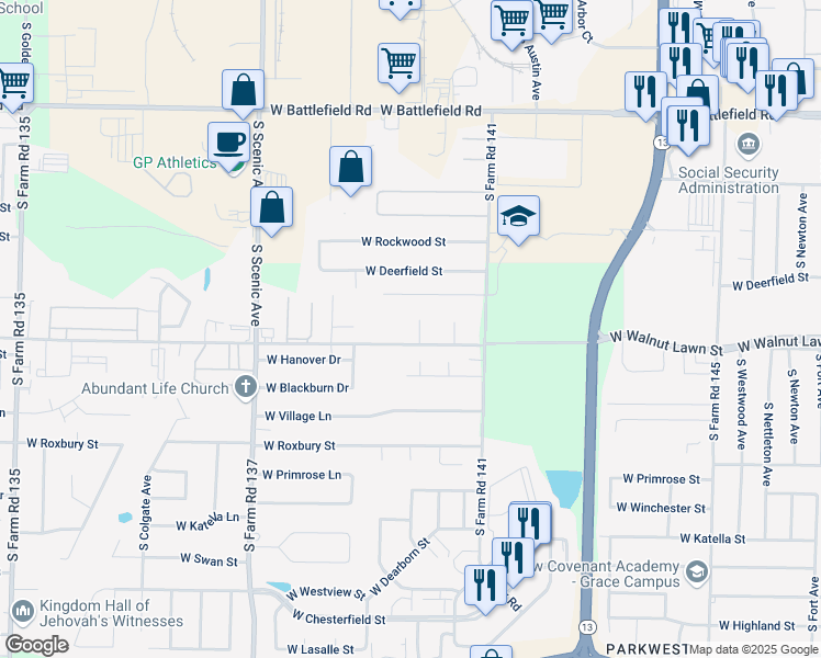 map of restaurants, bars, coffee shops, grocery stores, and more near 3379 Warren Avenue in Springfield