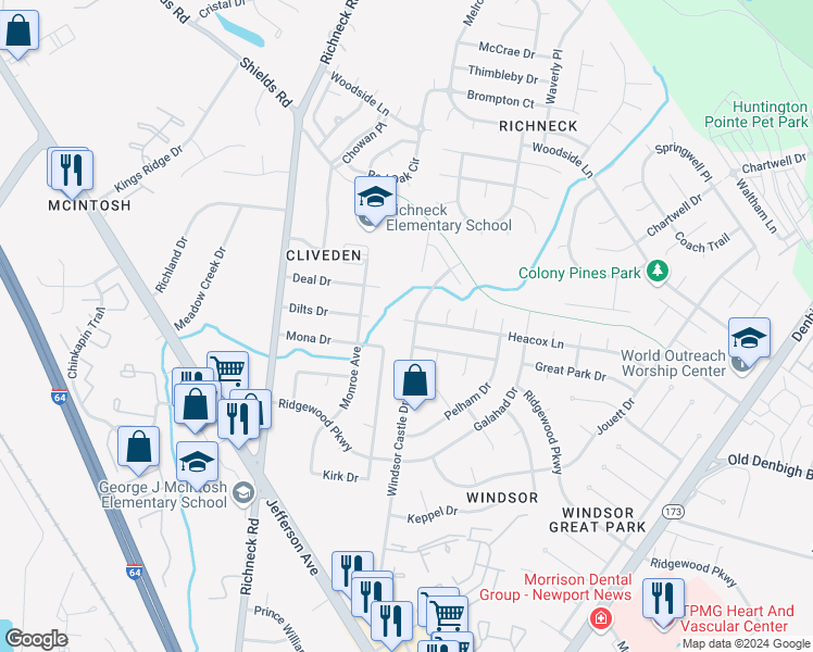 map of restaurants, bars, coffee shops, grocery stores, and more near 239 Windsor Castle Drive in Newport News