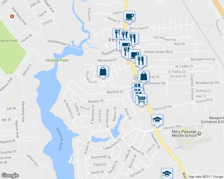 map of restaurants, bars, coffee shops, grocery stores, and more near 60 Rexford Drive in Newport News