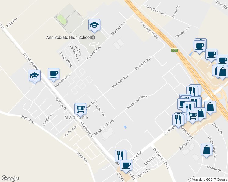 map of restaurants, bars, coffee shops, grocery stores, and more near 350 Peebles Avenue in Morgan Hill