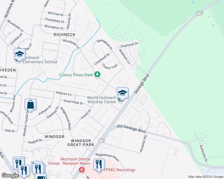 map of restaurants, bars, coffee shops, grocery stores, and more near 1221 Colony Pines Drive in Newport News