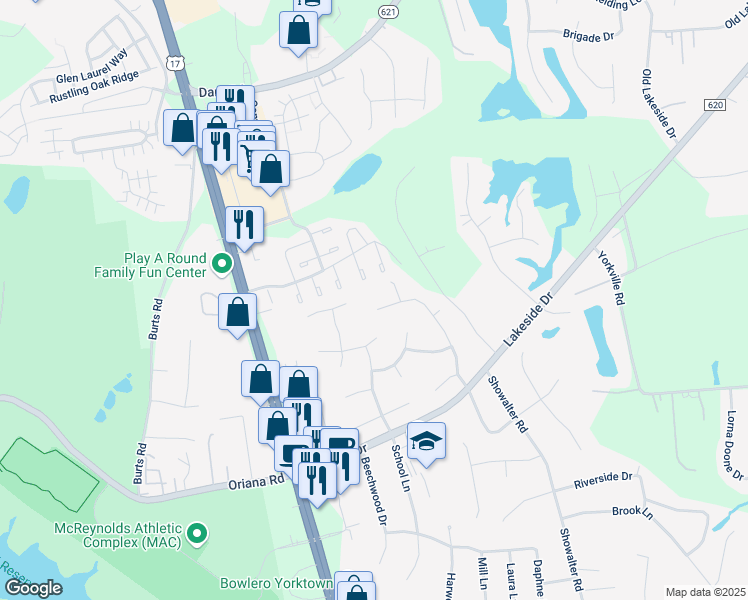 map of restaurants, bars, coffee shops, grocery stores, and more near 132 Bailey Drive in Yorktown