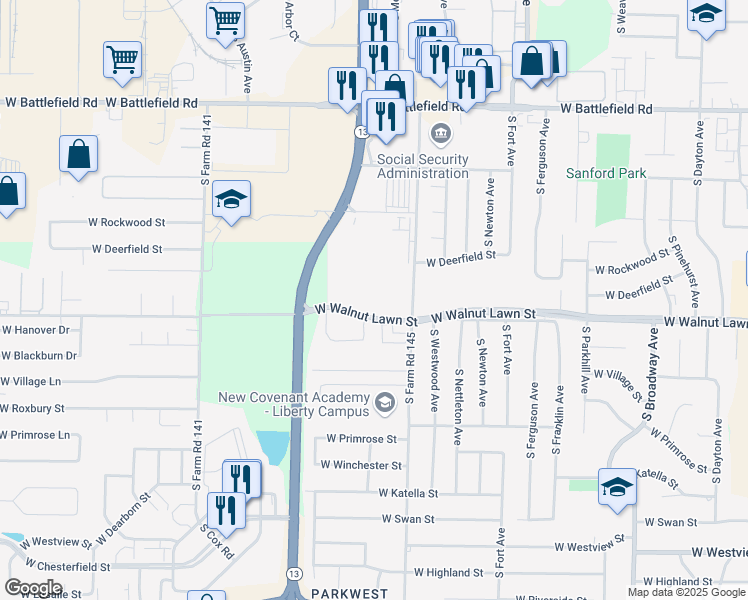 map of restaurants, bars, coffee shops, grocery stores, and more near 1645 West Walnut Lawn Street in Springfield