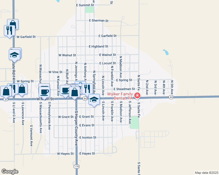 map of restaurants, bars, coffee shops, grocery stores, and more near 200-298 North Franklin Avenue in Anthony