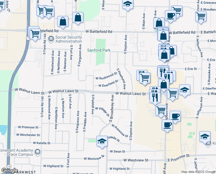 map of restaurants, bars, coffee shops, grocery stores, and more near 774 West Deerfield Street in Springfield