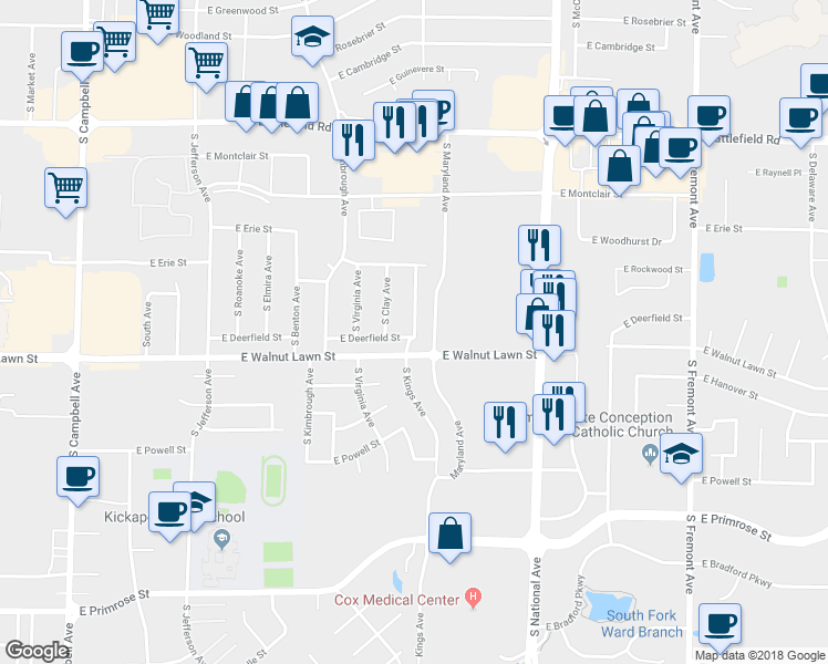 map of restaurants, bars, coffee shops, grocery stores, and more near 3349 South Kings Avenue in Springfield
