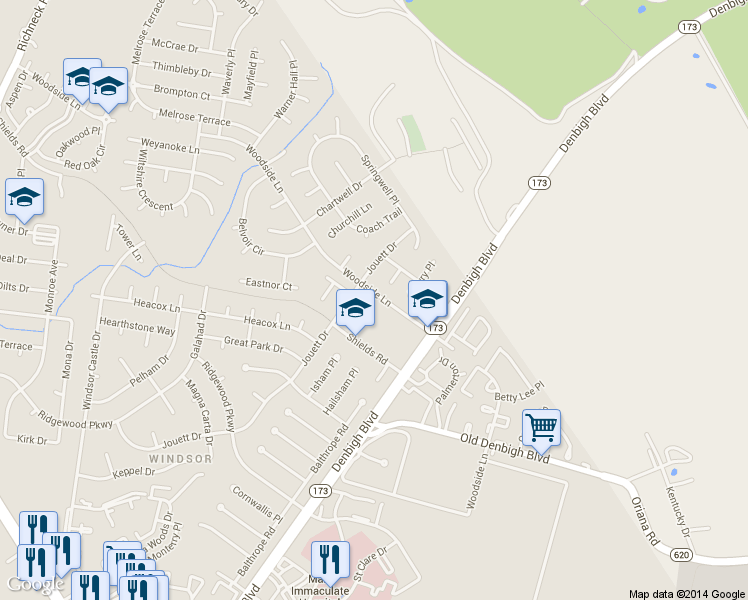 map of restaurants, bars, coffee shops, grocery stores, and more near 1221 Colony Pines Drive in Newport News