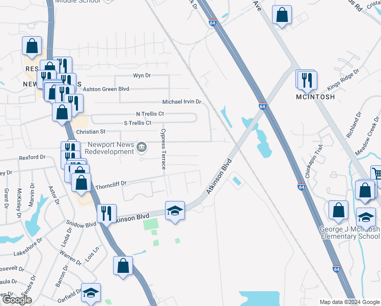 map of restaurants, bars, coffee shops, grocery stores, and more near 421 Stallings Court in Newport News