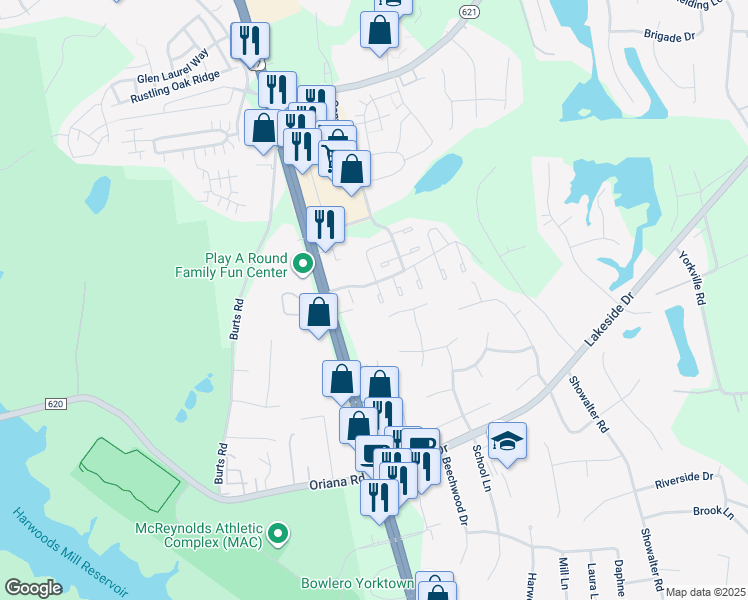 map of restaurants, bars, coffee shops, grocery stores, and more near 112 Shrewsbury Square in Yorktown