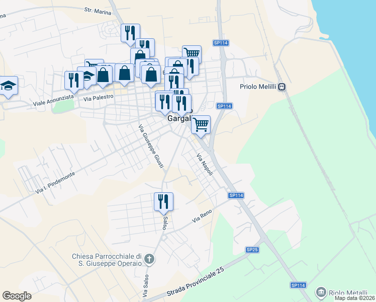 map of restaurants, bars, coffee shops, grocery stores, and more near 30 Via Niccolò Paganini in Priolo Gargallo