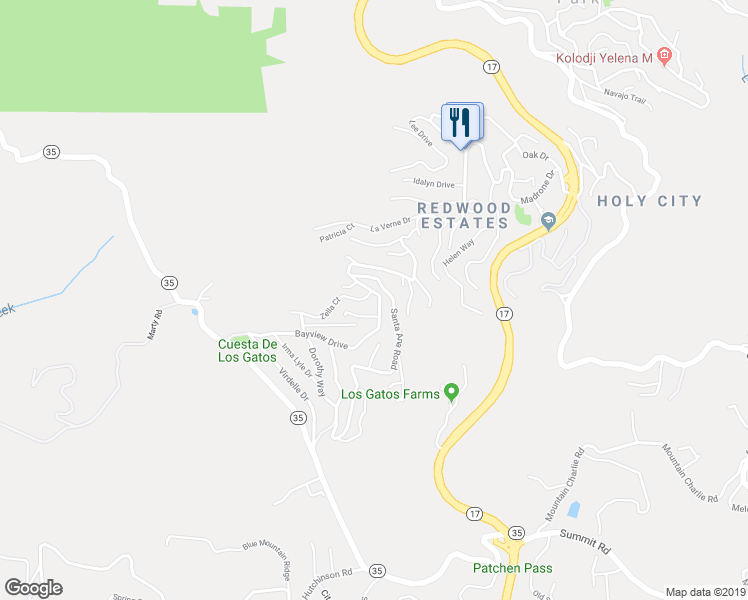 map of restaurants, bars, coffee shops, grocery stores, and more near 18129 Bayview Drive in Los Gatos