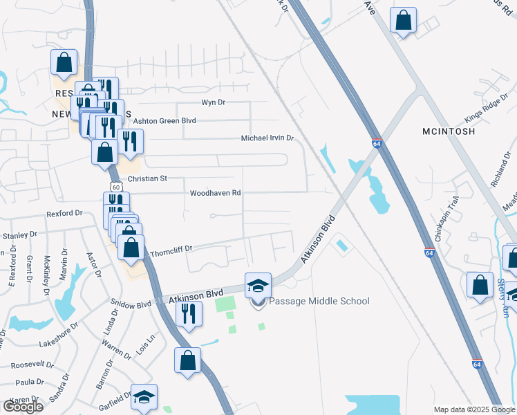 map of restaurants, bars, coffee shops, grocery stores, and more near 409 Stallings Court in Newport News