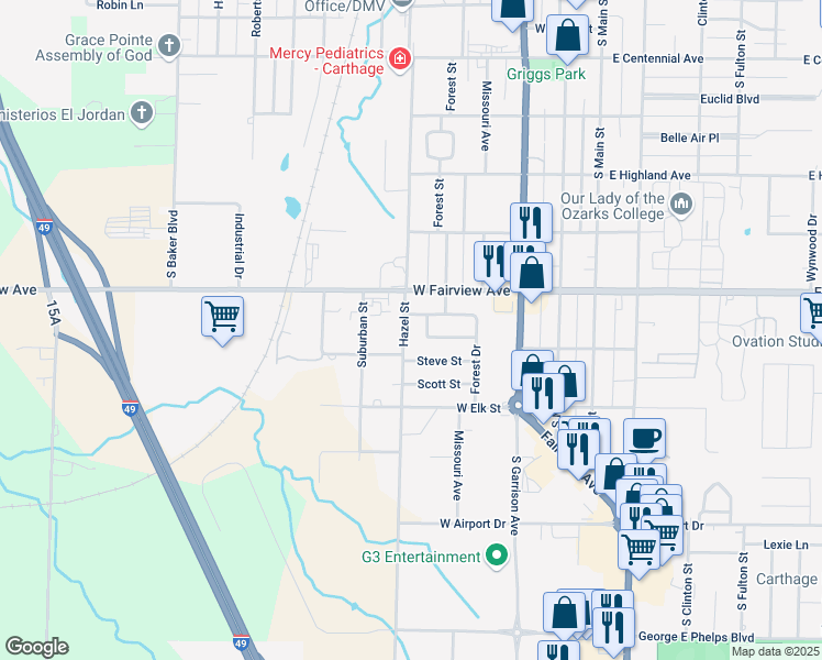 map of restaurants, bars, coffee shops, grocery stores, and more near 2041-2043 Forest Drive in Carthage