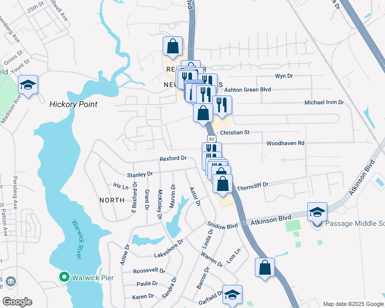 map of restaurants, bars, coffee shops, grocery stores, and more near 46 Rexford Dr in Newport News