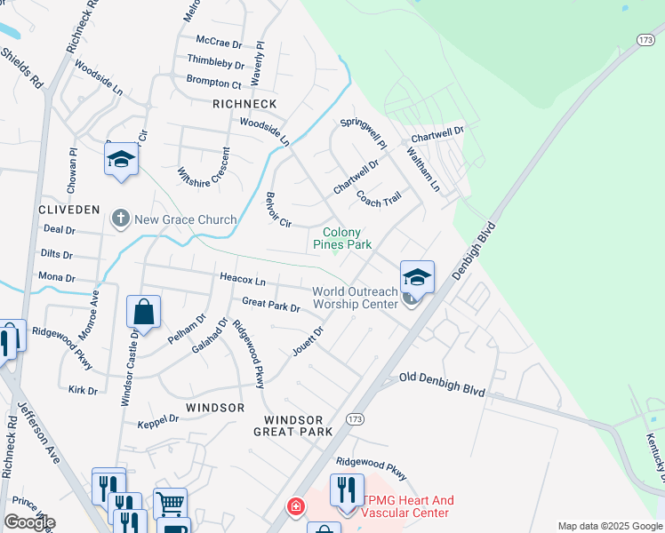 map of restaurants, bars, coffee shops, grocery stores, and more near 903 Silversmith Circle in Newport News