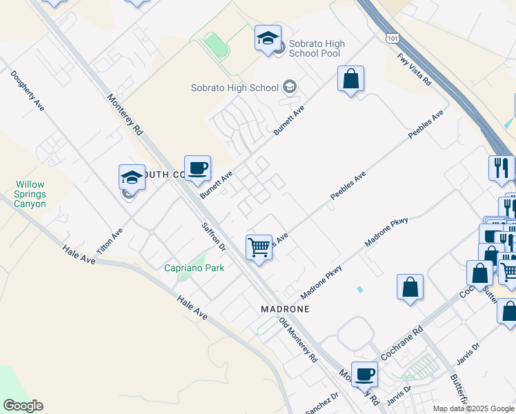 map of restaurants, bars, coffee shops, grocery stores, and more near 66 Greenwood Circle in Morgan Hill