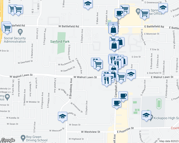 map of restaurants, bars, coffee shops, grocery stores, and more near 3332 South Dayton Avenue in Springfield