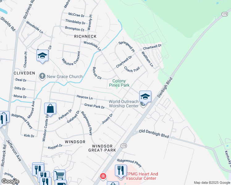 map of restaurants, bars, coffee shops, grocery stores, and more near 903 Silversmith Circle in Newport News
