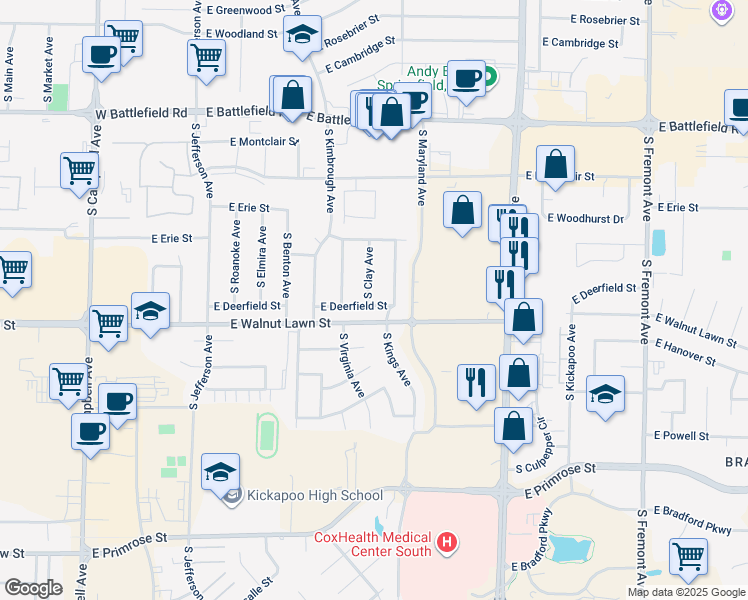 map of restaurants, bars, coffee shops, grocery stores, and more near 3342 South Clay Avenue in Springfield