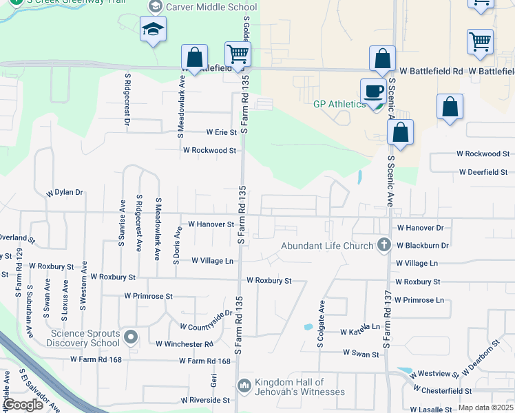 map of restaurants, bars, coffee shops, grocery stores, and more near 3383 South Walnut Hill Avenue in Springfield