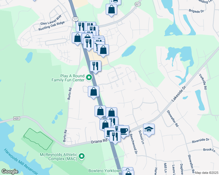 map of restaurants, bars, coffee shops, grocery stores, and more near 110 Shrewsbury Square in Yorktown