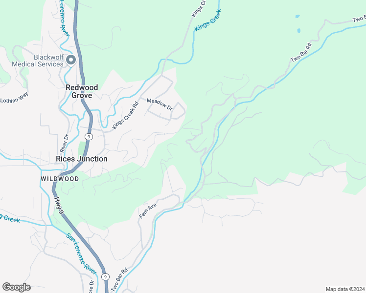 map of restaurants, bars, coffee shops, grocery stores, and more near 210 Bar King Road in Boulder Creek