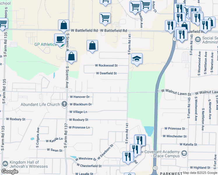 map of restaurants, bars, coffee shops, grocery stores, and more near 3369 South Warren Avenue in Springfield