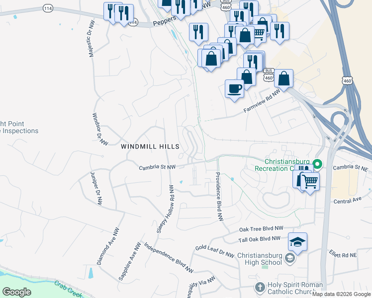 map of restaurants, bars, coffee shops, grocery stores, and more near 100 Roudabush Drive Northwest in Christiansburg
