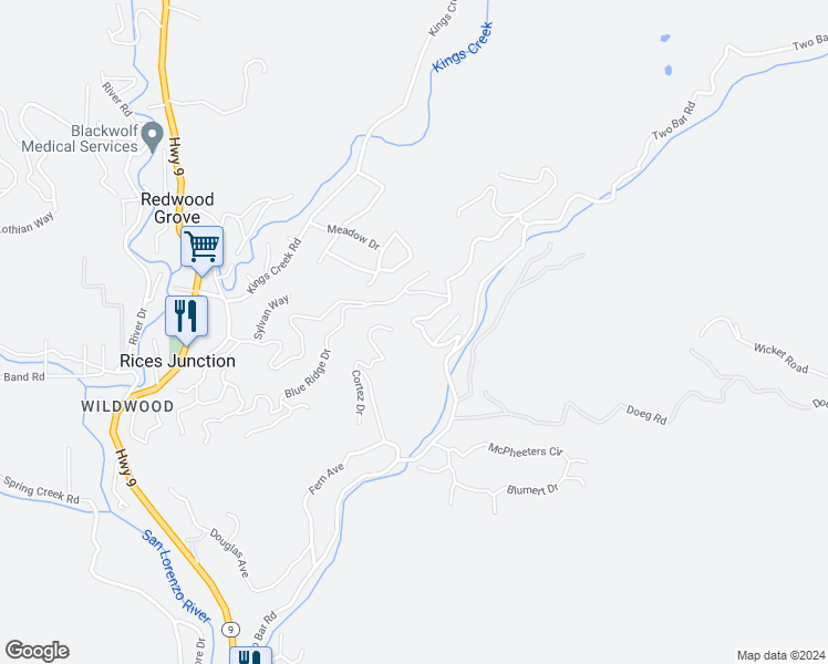 map of restaurants, bars, coffee shops, grocery stores, and more near 210 Bar King Road in Boulder Creek