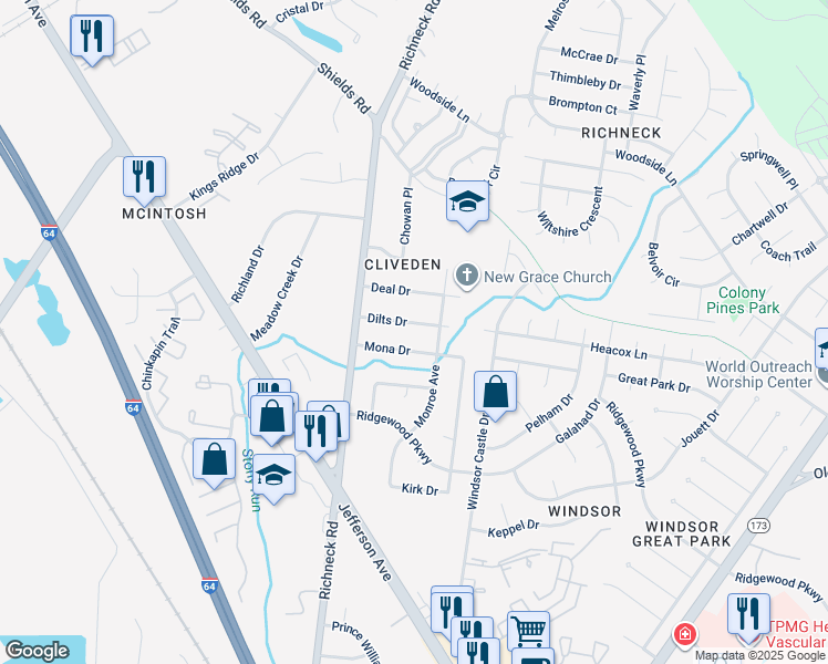 map of restaurants, bars, coffee shops, grocery stores, and more near 116 Dilts Drive in Newport News