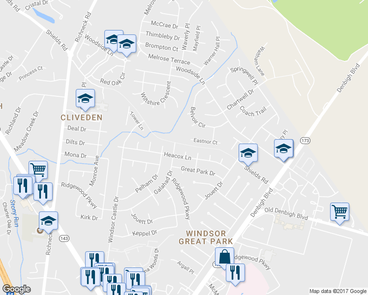map of restaurants, bars, coffee shops, grocery stores, and more near 5 Lodge Court in Newport News