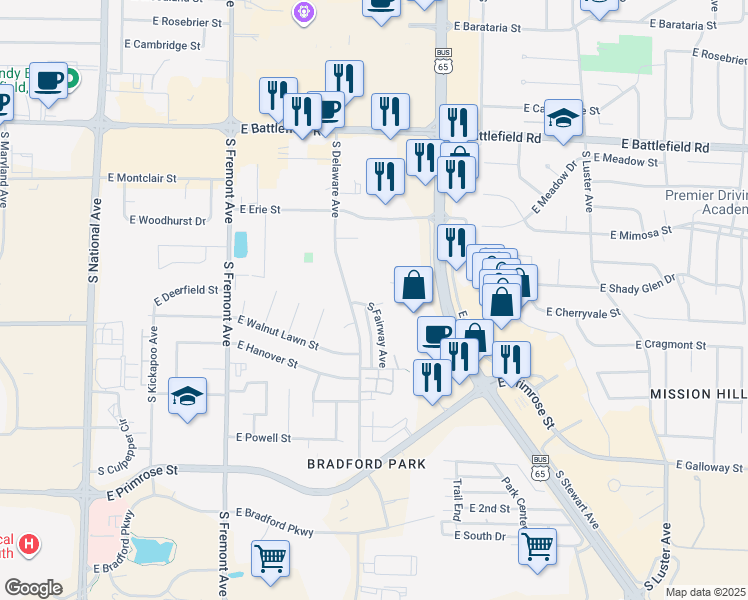 map of restaurants, bars, coffee shops, grocery stores, and more near 3326 South Fairway Avenue in Springfield