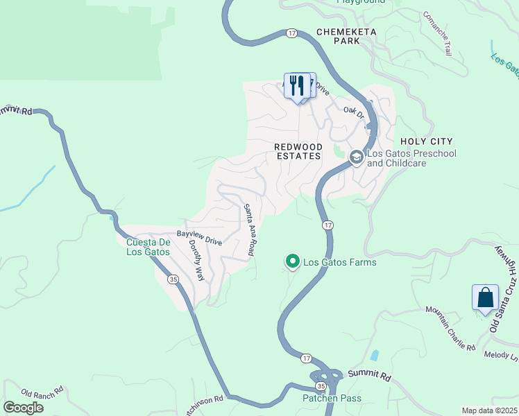 map of restaurants, bars, coffee shops, grocery stores, and more near 21591 Naomi Court in Los Gatos