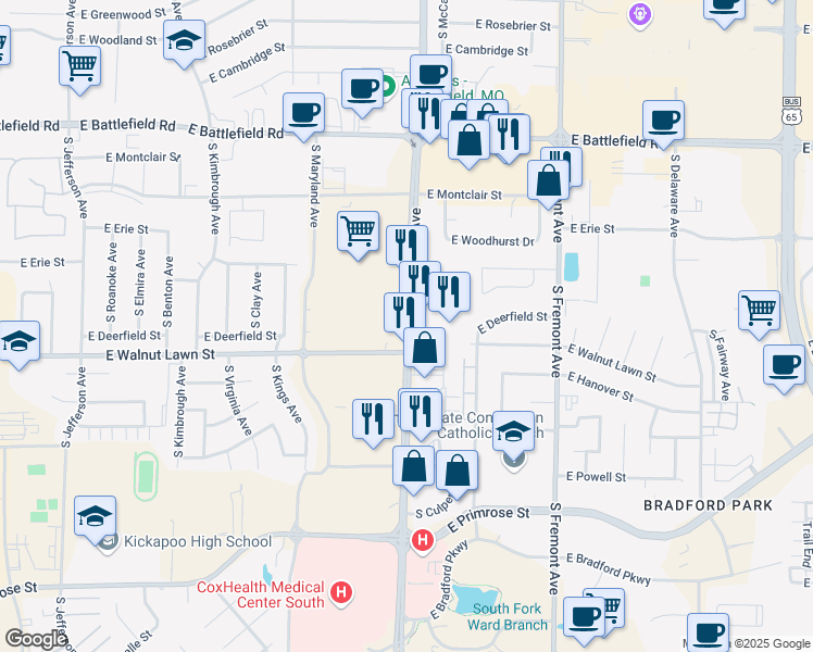 map of restaurants, bars, coffee shops, grocery stores, and more near 901 South National Avenue in Springfield