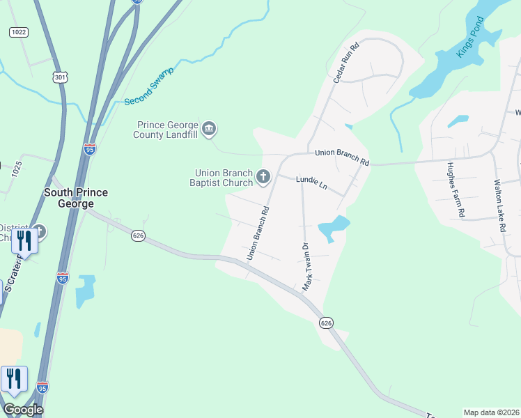 map of restaurants, bars, coffee shops, grocery stores, and more near 3335 Union Branch Road in Petersburg