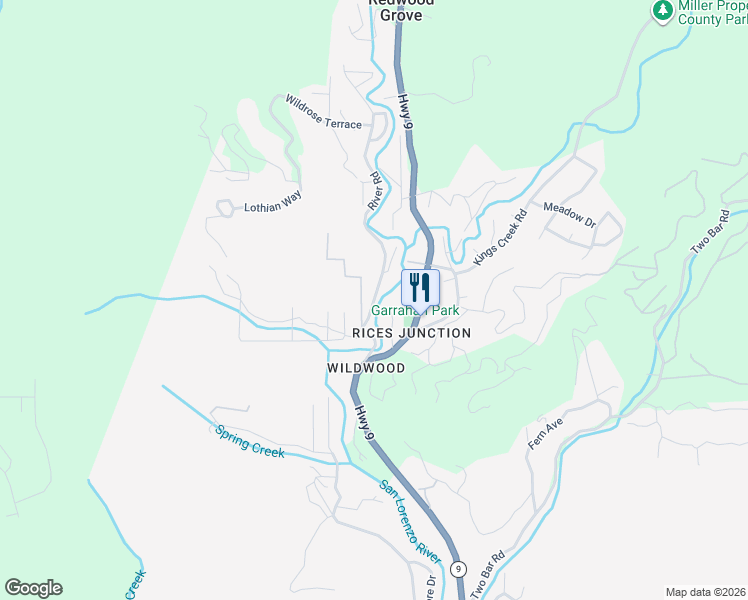 map of restaurants, bars, coffee shops, grocery stores, and more near River Drive in Boulder Creek