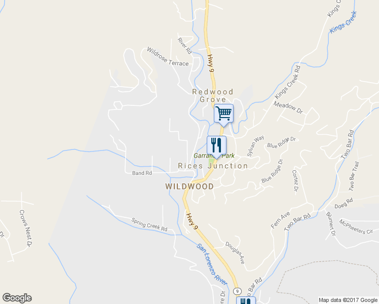 map of restaurants, bars, coffee shops, grocery stores, and more near 315 Alder Road in Boulder Creek