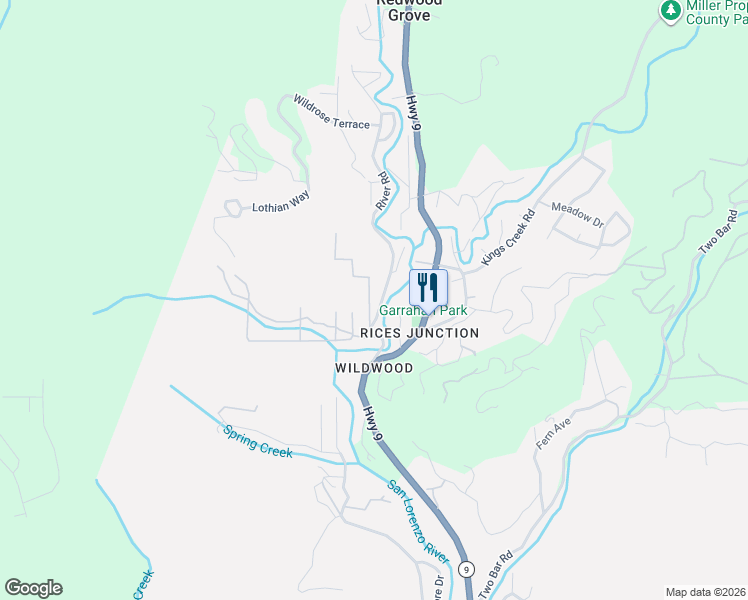 map of restaurants, bars, coffee shops, grocery stores, and more near 280 Alder Road in Boulder Creek